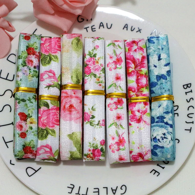 

5/8'' 14yards/lot 2yards each color flowers printed foe ribbon tape fold over elastic spandex rubber bands sewing accessories