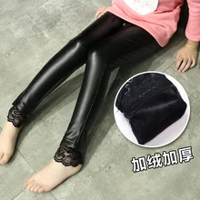 2016 Autumn and Winter children’s plus thick velvet legging baby child thicking imitate Leather pants girls bottoming pant lace