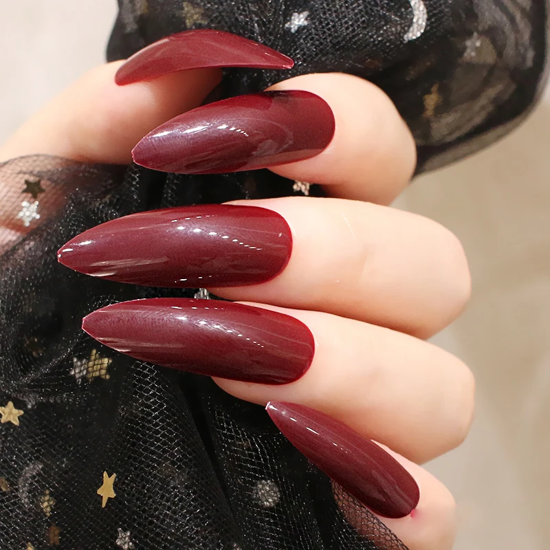 

Extra long pointed oval fake nails slim art salon nail crystal diamond nail black + white + wine red