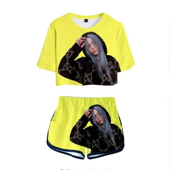 

Casual Womens Two Piece Sets 2019 Billie Eilish 3D Print Short Sleeve Crop Top and Shorts Tracksuit 2 Pieces Sets Outfits