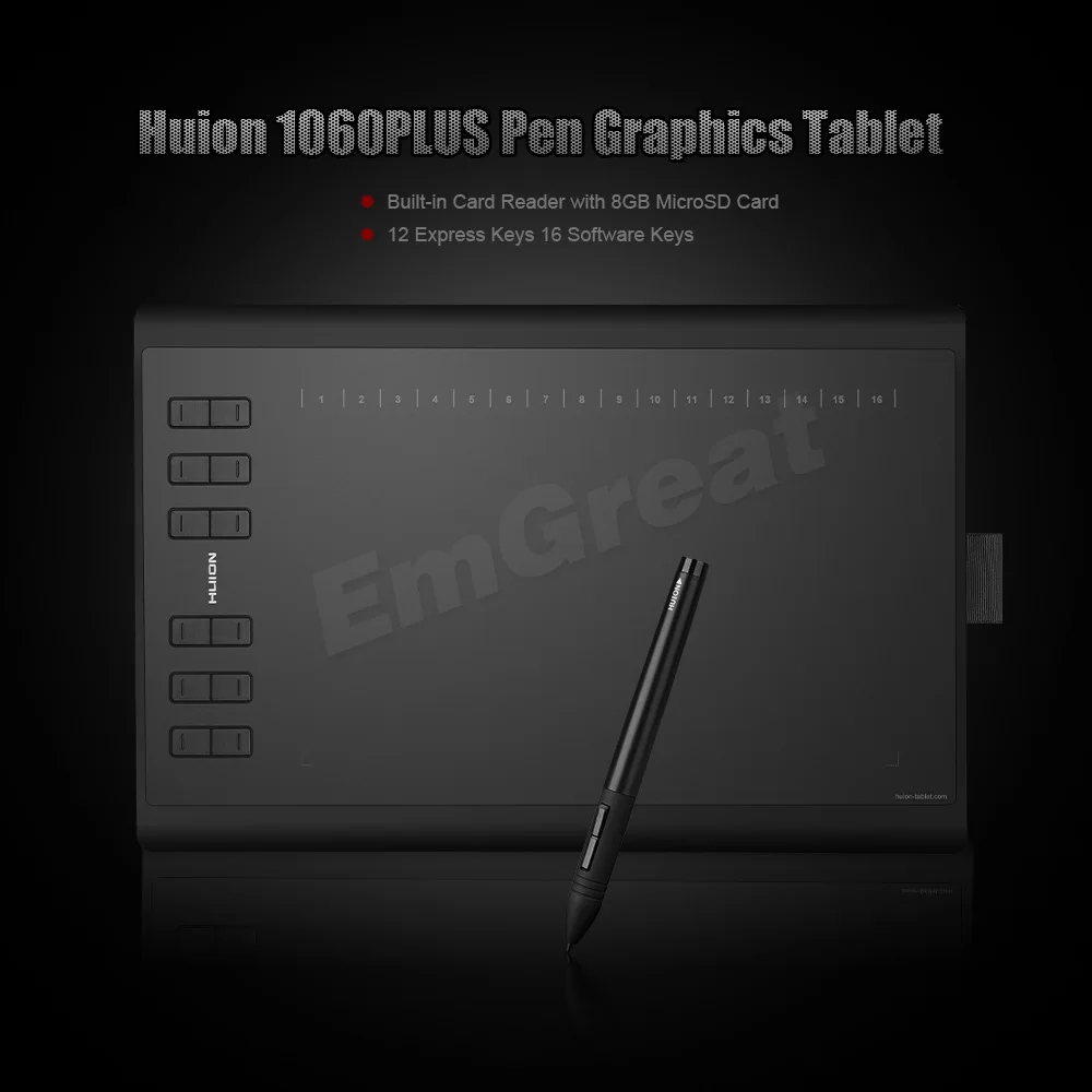 Обновленная профессиональная версия Huion 1060 Plus Графический чертеж цифровой планшет+ кард-ридер 8G sd-карта 5080 LPI 12 Экспресс-ключей+ сумка+ перчатка