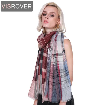

VISROVER Luxary Summer Scarf Women Brand Silk Scarves Beach Shawl Women Hijab Scarf Long Soft check Plaid Design Viscose Wrap
