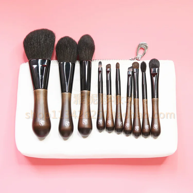 

10pcs Makeup Brush Set With Goat Animal Hair Copper Ferrule Elm Wood Handle Powder Foundation Eyeshadow Cosmetic Brushes Kits