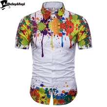 Рубашка с рисунком краски для мужчин, шелк, хлопок, Camisa, мода, летние мужские рубашки с принтом, короткий рукав, мужские платья, рубашки высокого качества