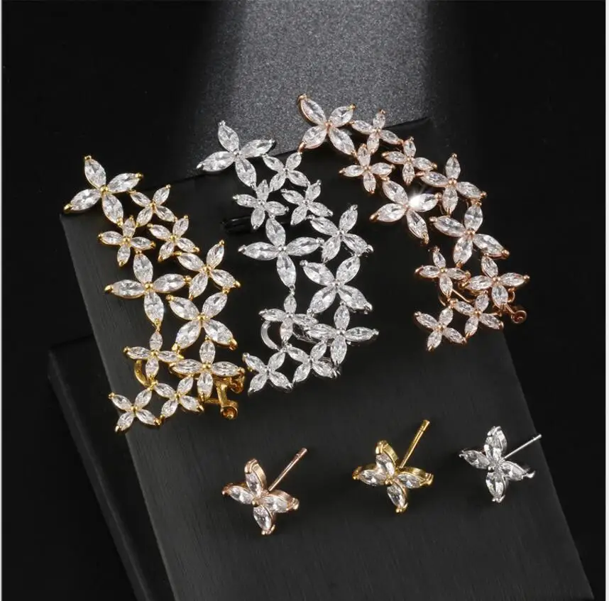 Роскошный AAA кубический цирконий прозрачный цветок Асимметричные для ушей манжеты серьги гвоздики для женщин ювелирные изделия Прямая SP530