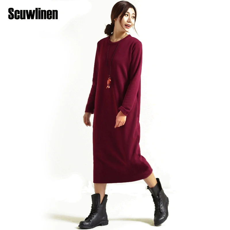

SCUWLINEN Winter Dress 2019 Women Dress Plus Size Velvet Cozy Thickening Thermal Basic Dress Long Sleeve Solid Warm Dress S59
