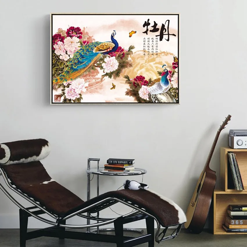 peacock and red pink peony chinese paintings flowers pictures canvas vintage home decor paintings on the wall decorative for study-2