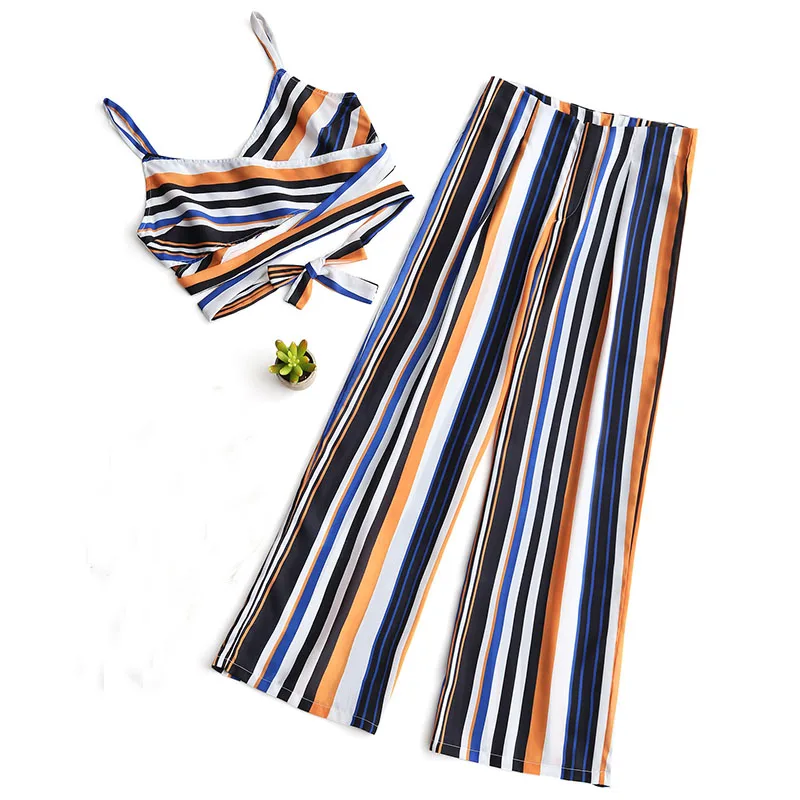 

2019 Two Piece Women's casual cut striped Suit fashion striped clothing for women Summer Two-piece striped vest +length pants