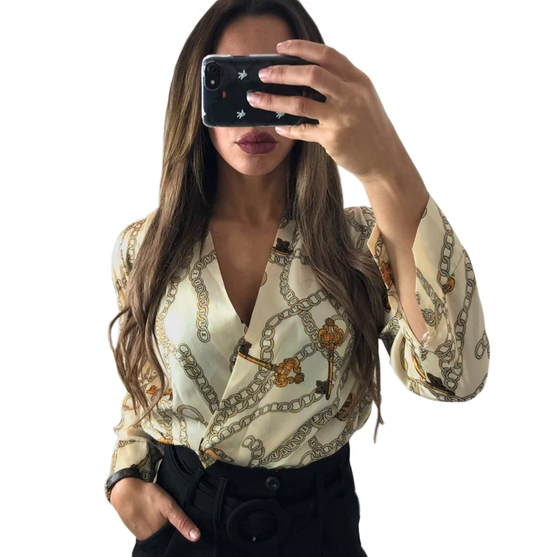 Bodysuit Women Long Sleeve Chain Print Top Shirt Bodysuits Ladies Elegant Deep V Neck Halter Bodysuits Short Slim Jumpsuit