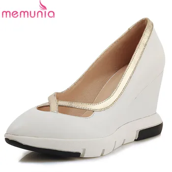 

MEMUNIA 2019 hot sale women pumps pointed toe genuine leather shoes shallow mixed colors summer wedges platform shoes woman