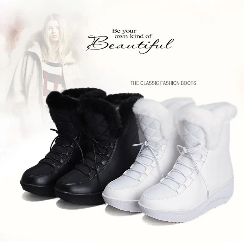 Зимние сапоги на платформе со шнуровкой; модная женская зимняя обувь из искусственной кожи на плоской подошве; Модные женские теплые плюшевые ботильоны с круглым носком; цвет черный, белый; D073
