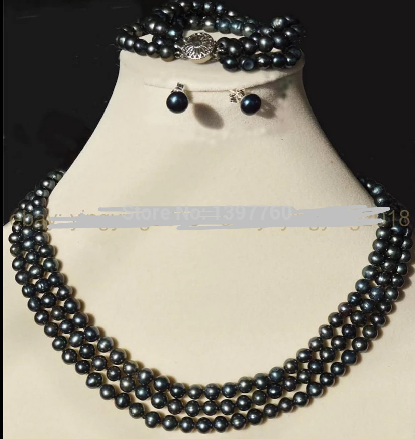 

Miss charm Jew.138 PRETTY! 3 ROW BLACK AKOYA CULTURED PEARL NECKLACE BRACELETS EARRINGS JEWELRY SET new