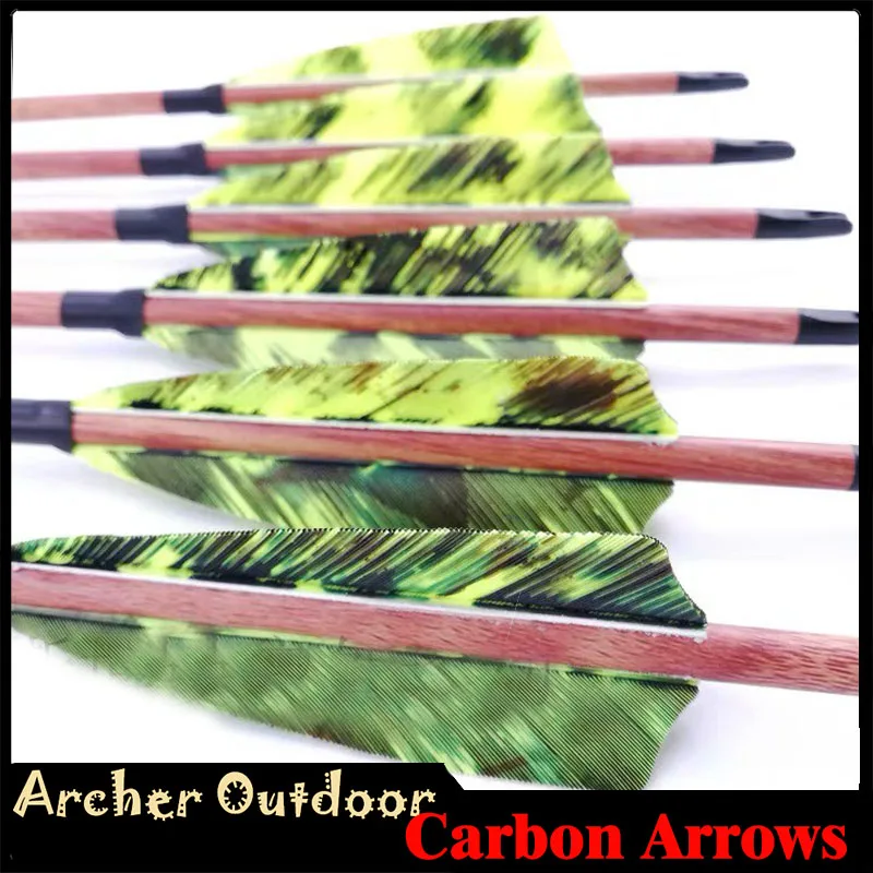 

6/12pc Wood Skin Pure Carbon Arrows Spine 400 500 600 ID 6.2mm 32" 4inch Turkey Feathers 100gr ArrowHead Traditional Bow Hunting