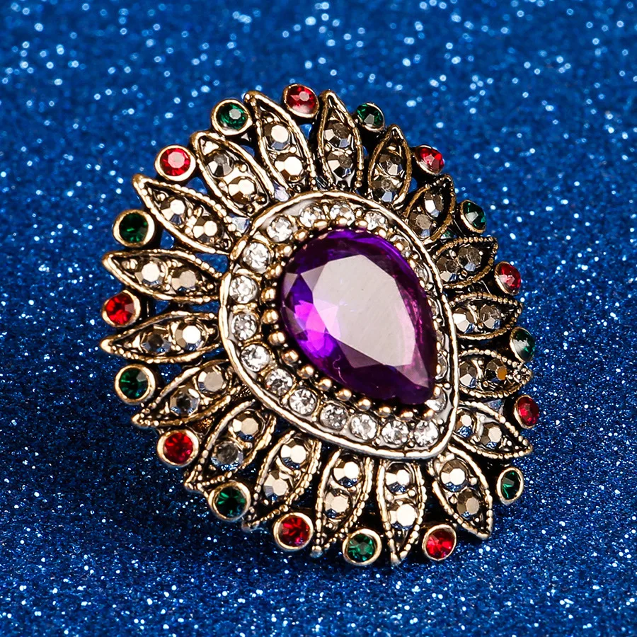 

Luxury Big Turkish Retro Rings For Women Mosaic Heart Violet Crystal Vintage Female Wedding Ring Gold Color Gift Turkey Jewelry