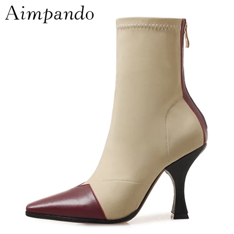 

European Style Autumn Short Booties Women Square Toe Mixed Color Stretch Sock Boots Thin Heel Ankle Boots