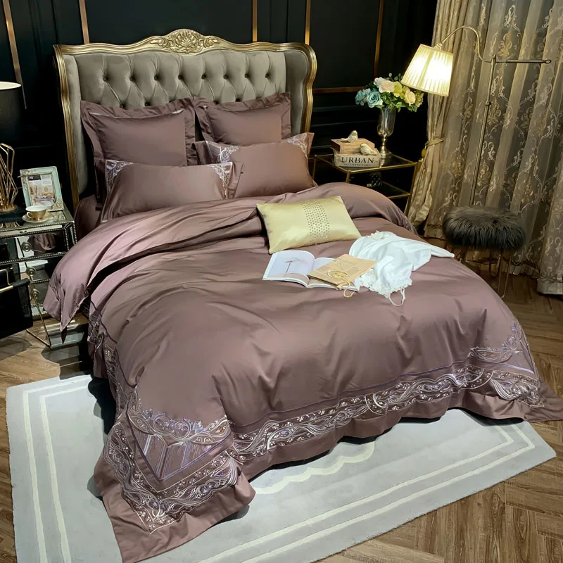 Coffee Premium Embroidery Bedding set Ultra Soft Egyptian Cotton King Queen size 4/6Pcs Duvet Cover Flat/Fitted Bed sheet set