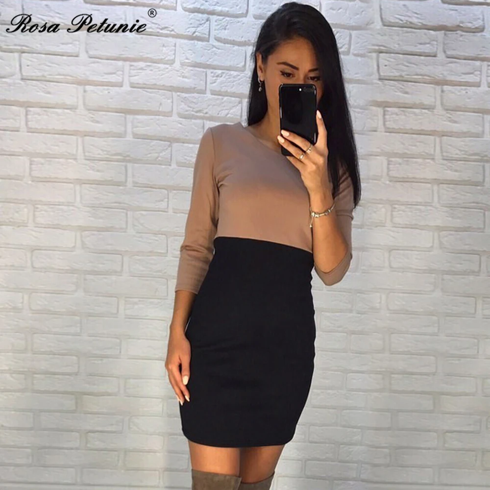 Rose Petunie 2017 Autumn Fashion Kaki And Black Patchwork Dresses Sheath 3 4 Sleeve O Neck