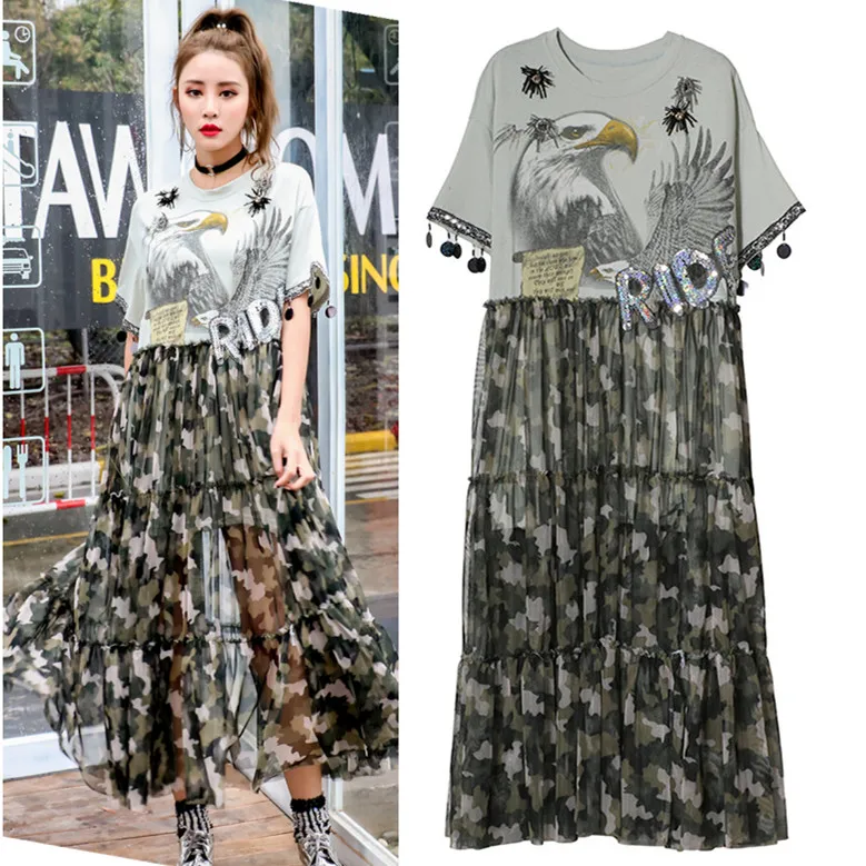 

Unique Summer Long Dress Women Camouflage Print Sheer Dresses Flowers Appliques Eagle Sequins Dress Vestidos De Festa Robe NS631