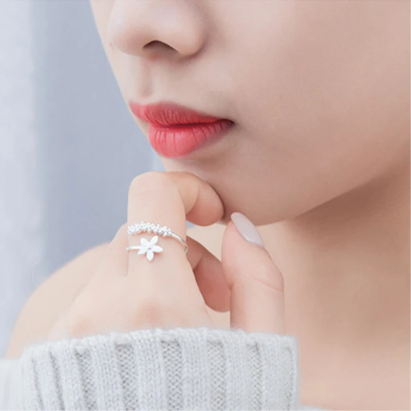 Silver Ring Opening Ring Adjustable Rings Finger Ring Korea Female Resizable Fresh Flower Gift