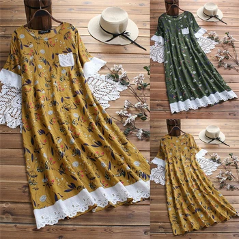 

2019 New Fashion Womens Boho Short Sleeve Maxi Dress Summer Casual Beach Print Loose Sundress Plus Size M-5XL