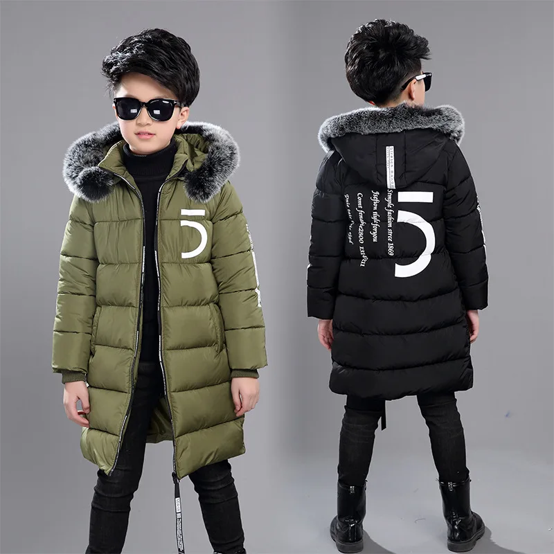 Children Winter Warm Jackets Boys Big Fur Collar Hooded Cotton Jacket Children Casual Thickenging Outerwear Coats