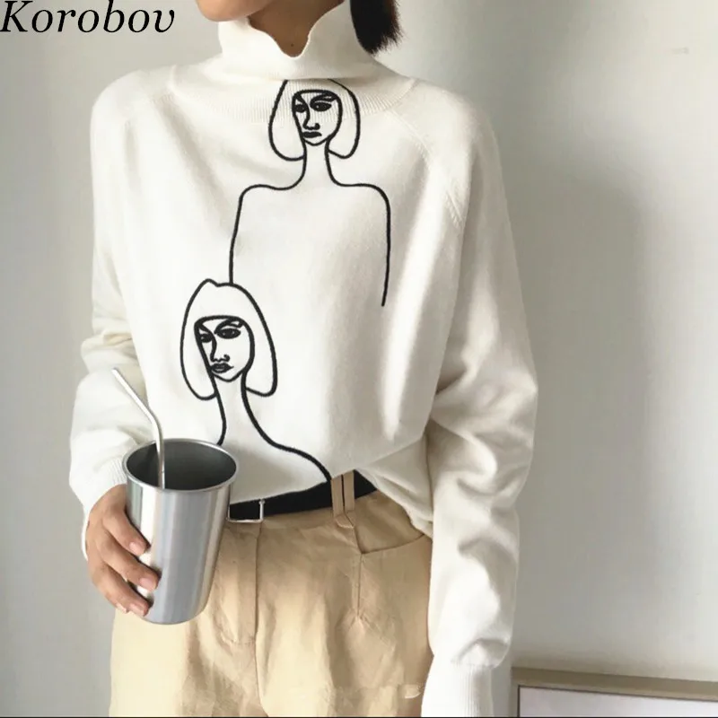 Korobov Chandails A Manches Longues Pour Femmes Coreennes Nouvelle Collection 2020 Broderie De Dessin Anime Pull A Col Roule 76271 Aliexpress