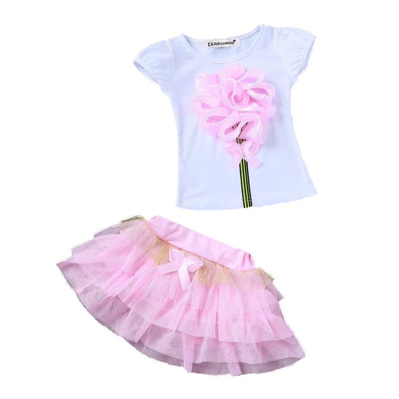 

2-8 yrs New 2018 Summer Baby Girls Clothes Kids Suit 3D flower t-shirt+skirts 2pcs Kids Children Clothing Sets girls sport suit