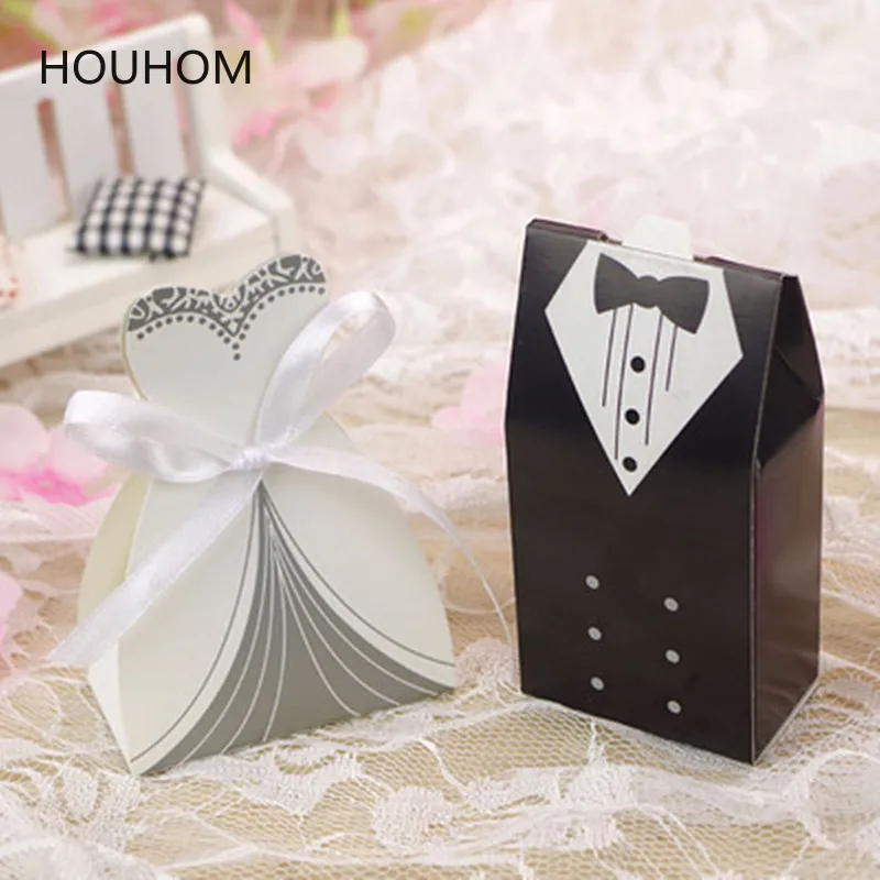 

50pcs/lot Dragee Gifts Box Paper Candy Box Bride Dress and Groom Tuxedo Paper Boxes for Packaging Wedding Favor and Gifts Box