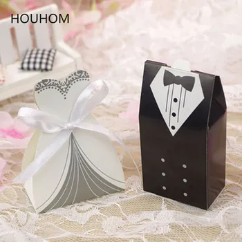 

50pcs/lot Dragee Gifts Box Paper Candy Box Bride Dress and Groom Tuxedo Paper Boxes for Packaging Wedding Favor and Gifts Box