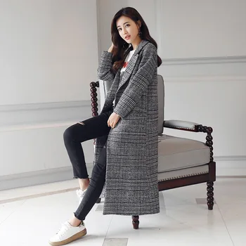 

Spring Autumn 2020 Grid Cloth Coat Winter Long Cocoon Woolen Women Plaid Coat X-Long Turn-down Collar Button Single Button