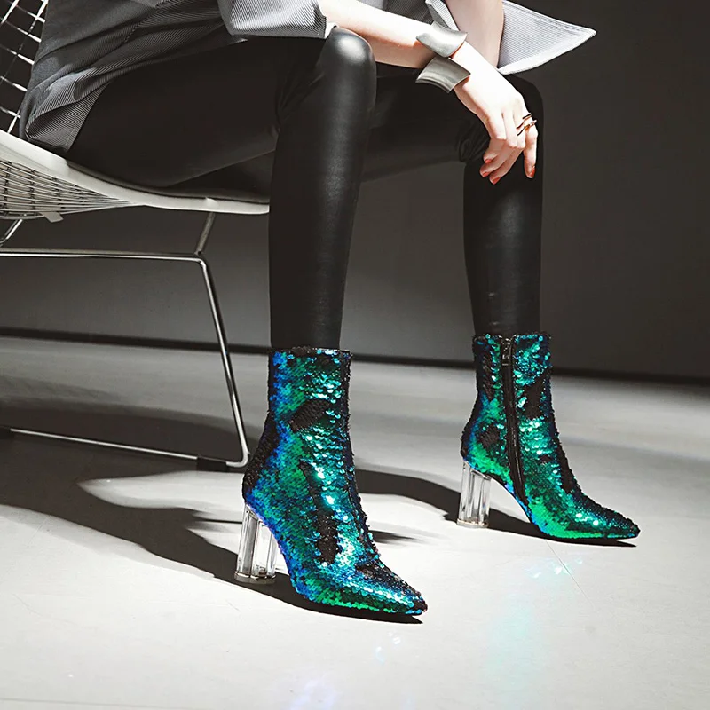 WETKISS/ПВХ прозрачные каблуки высокие ботильоны Для женщин сапоги блесток указал резиновая обувь женские ботинки женская обувь Bling плюс Размеры