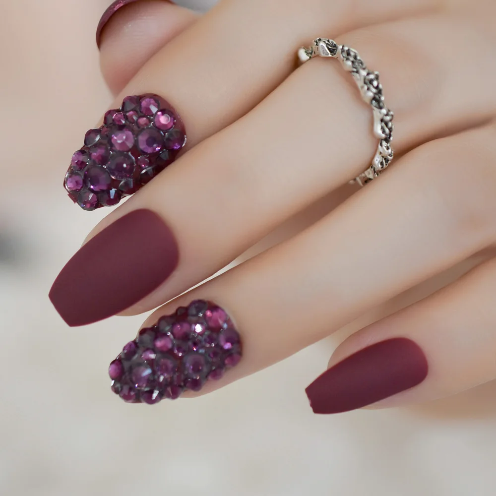 

Medium Coffin Fake Nails Matte 3D Rhinestone Artificial Nail Wine Red Custom Beauty Pre-designed Ballerina Nails