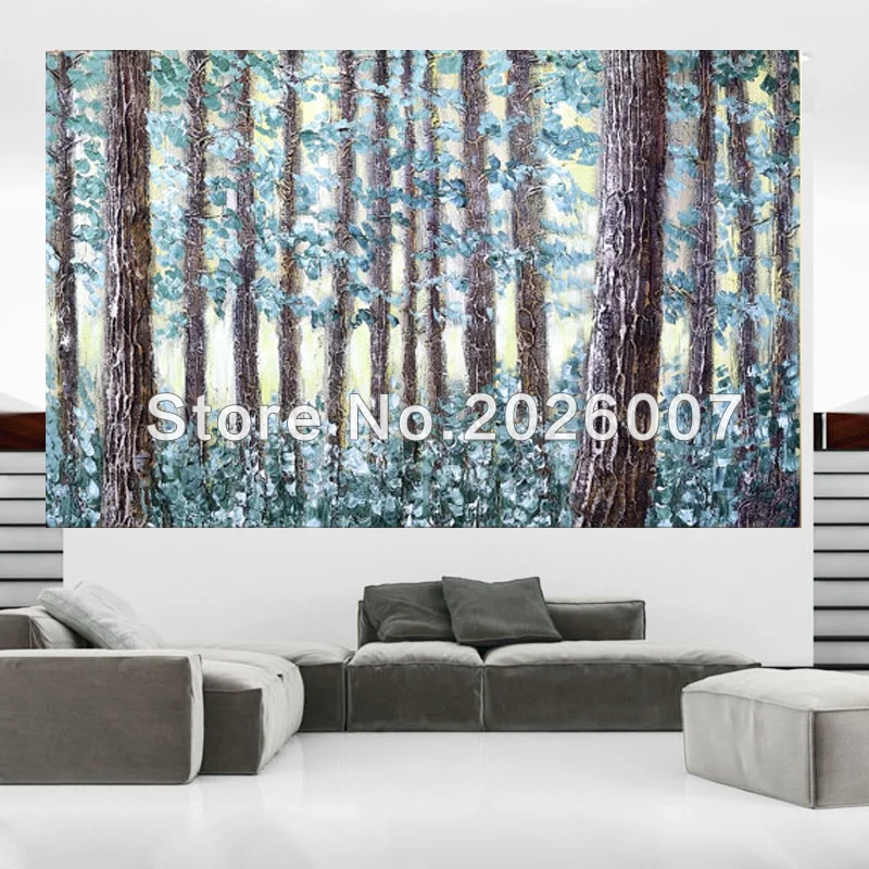 

Hand Painted Landscape Palette Knife Oil Painting Conifer Tree Forest Painting Yellow Green On Canvas Modern Home Decoration Art