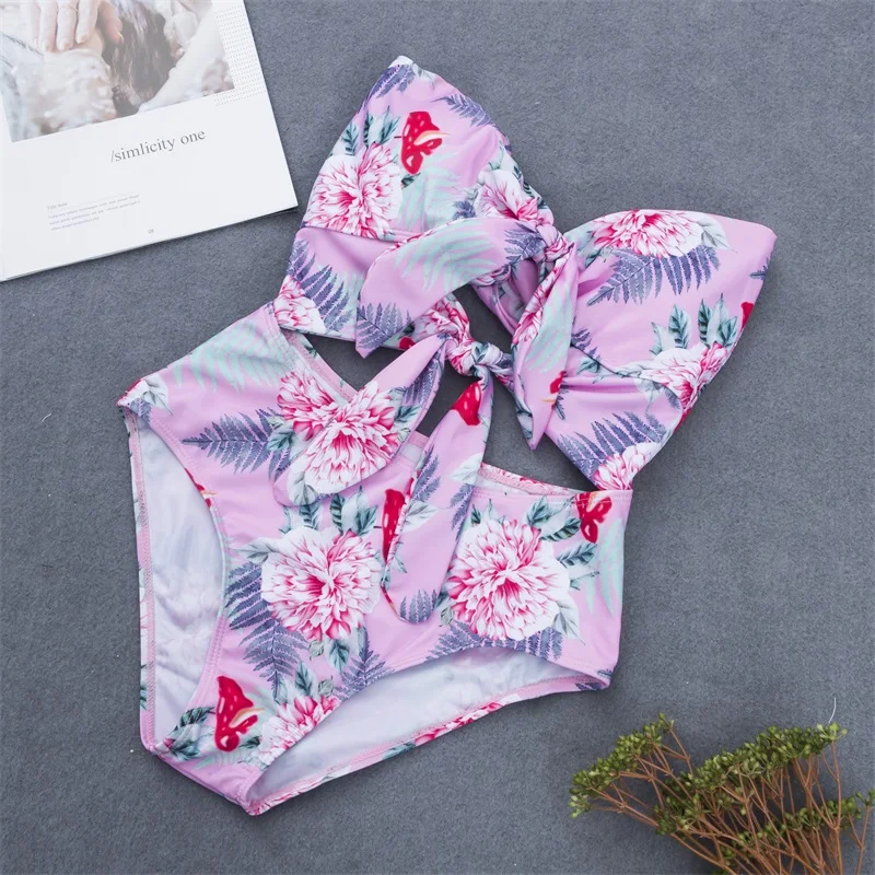 

Swimwear Women One Piece Swimsuit Sexy Pink Halter Cut Out Bandage Knotted Pad Swim Bathing Suit Push Up