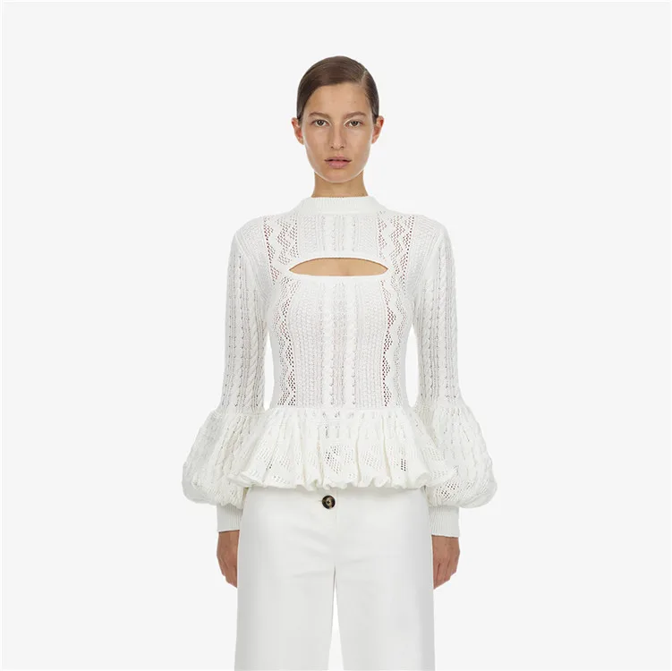Same 2019 Early Spring New White Lantern Sleeves Sexy Hollowed Out Sweater Temperament Warm Pullovers O-Neck Sweater Women