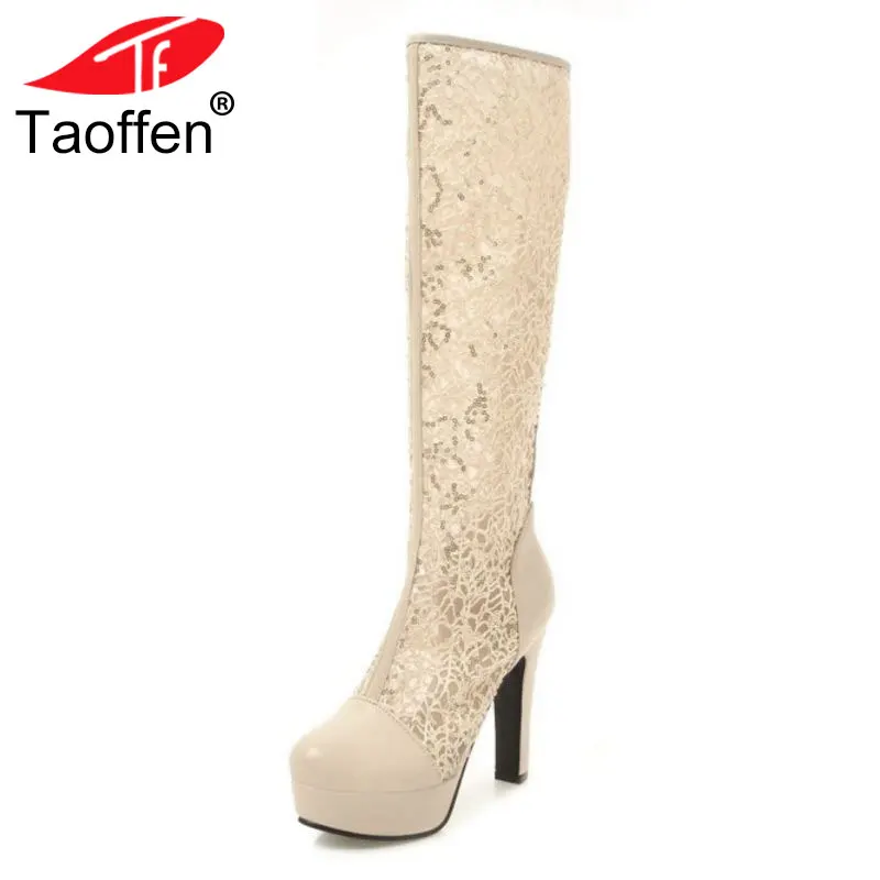 

TAOFFEN Size 34-43 Women High Heel Boots Round Toe Platform Lace Knee Boots Female Sexy Fahsion Shoes Party Club Footwear