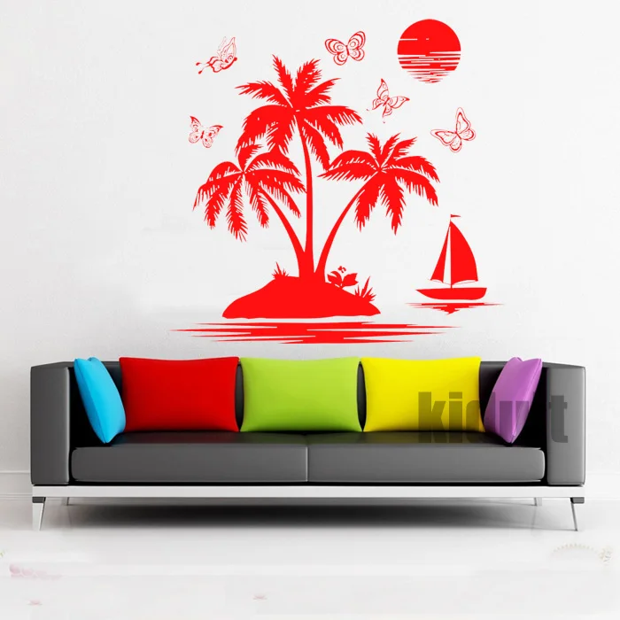 Beach Scenery Wall Stickers Living Wall Stickers Home Decoration Wall Wallpaper Tree Sun Pattern
