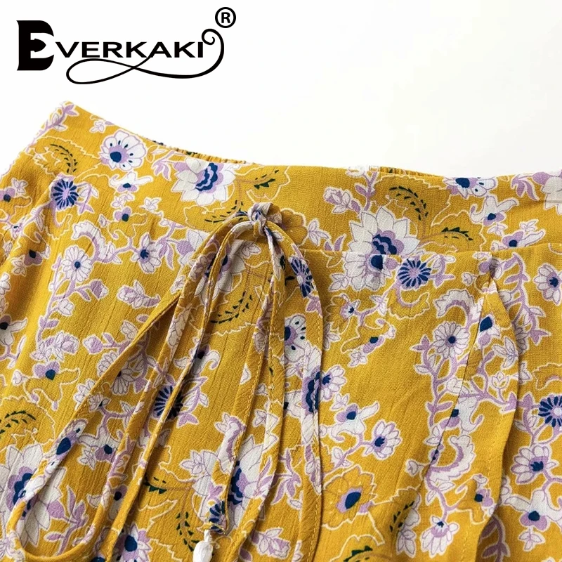 Everkaki Длинная желтая пляжная богемная Женская юбка с разрезом и рюшами лето 2019