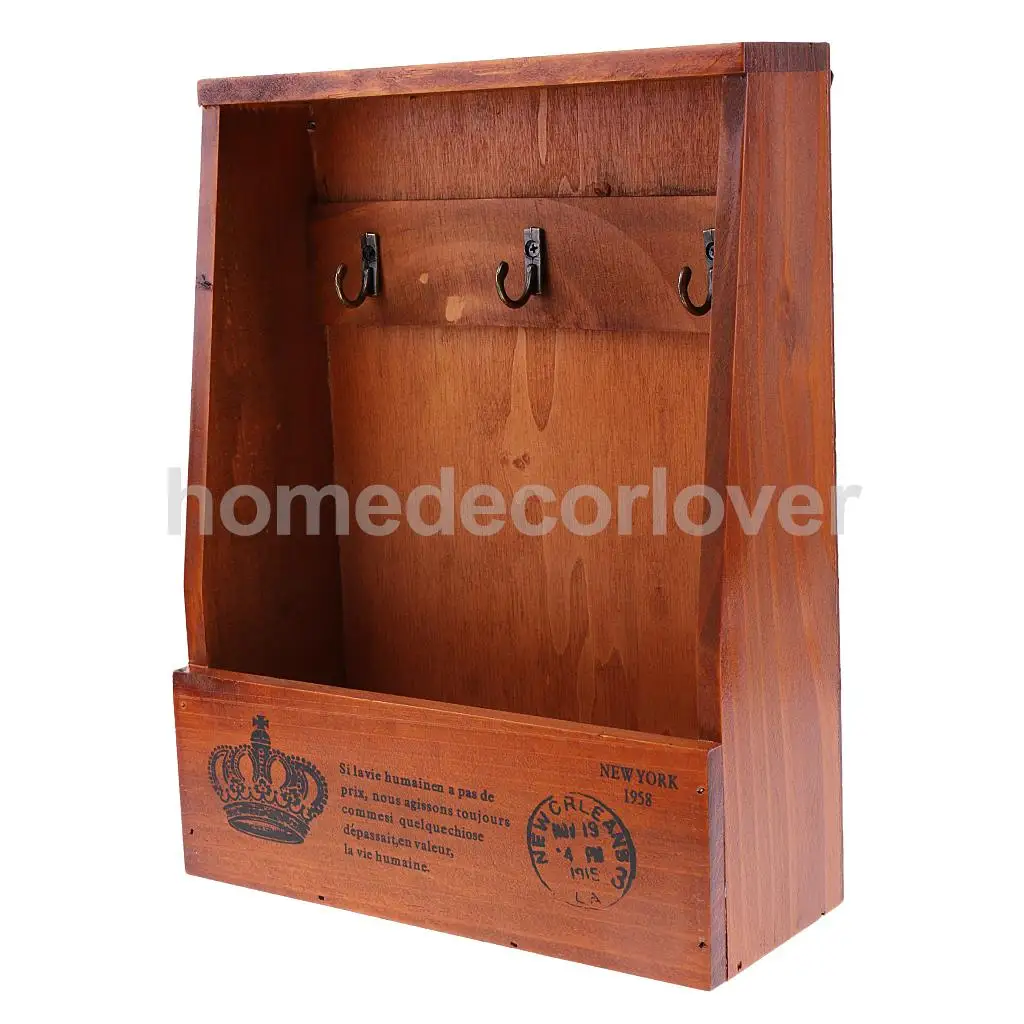 Retro Wall Mount Key Rack Storage Box Shelf Wooden Cabinet Cubby Letter Mail Holder Case