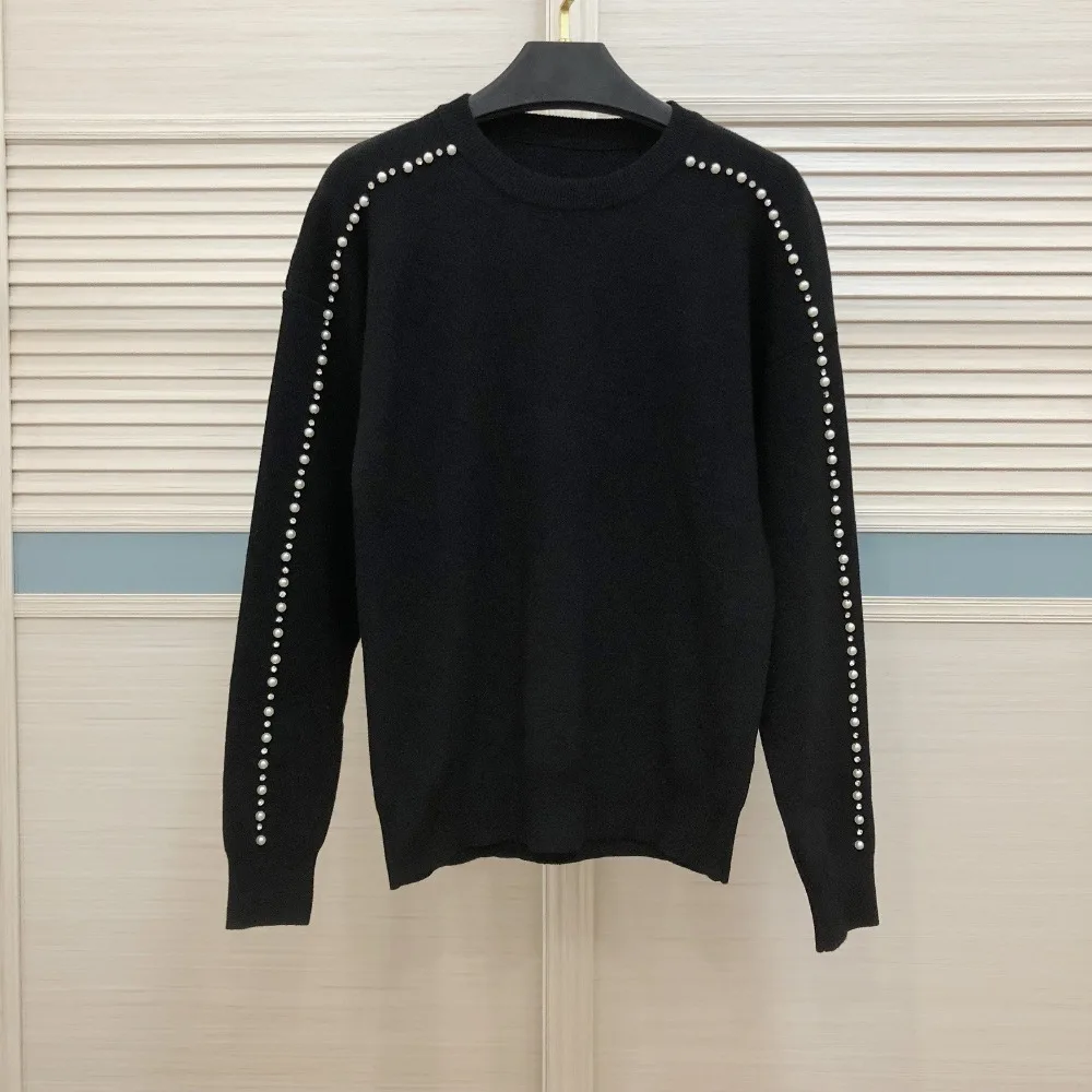 New European Style Women's Sweater O-neck Long Sleeve Pullovers Individuality beading Sleeves Knitting Tops Green Black Sweater Sweaters