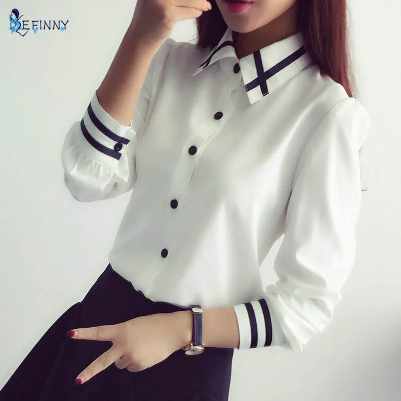 

Ladies OL Elegant Women Blusas Autumn Korean Style Long Sleeve Sequin Chiffon Ladies Office Shirt White Blue Tops Formal