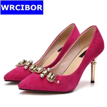 2017 Women Pumps Nubuck Leather pointed toe High heels Lady fashion Rhinestone Sexy Thin heels Pumps, wedding shoes Size 33-41