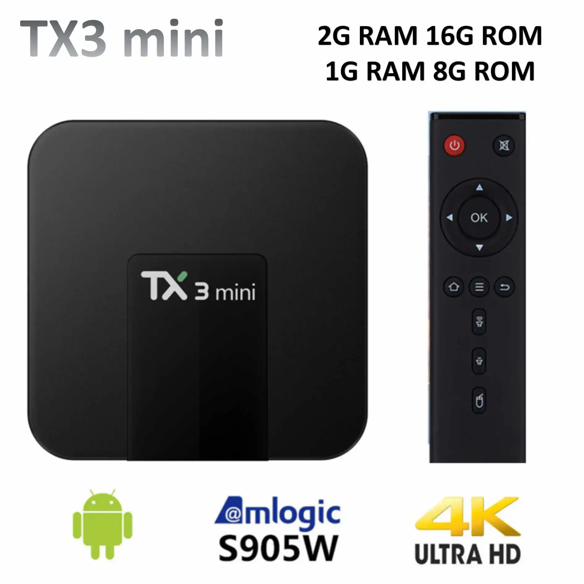 TX3 Мини Android 7 1 ТВ коробке 2 ГБ 16 Amlogic S905W 4 ядра Смарт ТВ-приставка H.265 К HDMI ГГц Wi-Fi Media