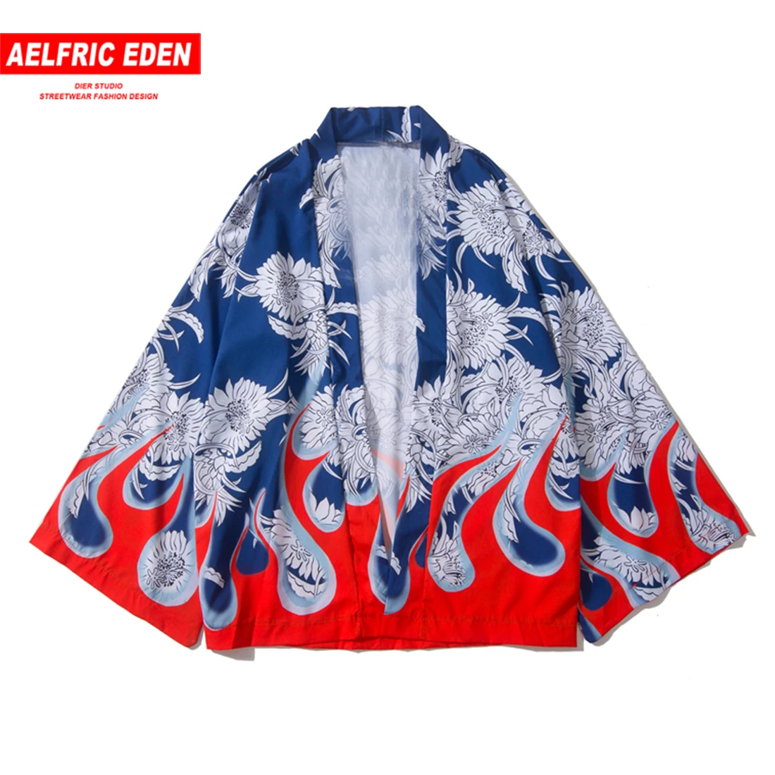 

AELFRIC Open Stitch Jackets Men Three Quarter Sleeve Outwear Flower Print 2019 New Summer Kimono Streetwear Beach Sunscreen Tops