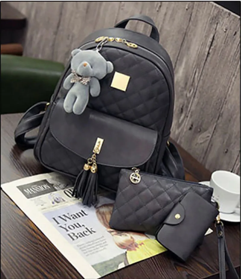 

Women Bag 3 Pcs Bear Backpack Diamond Lattice School Bags For Girls Backpacks For Women New Tassel Shoulder Bags Sac A Dos