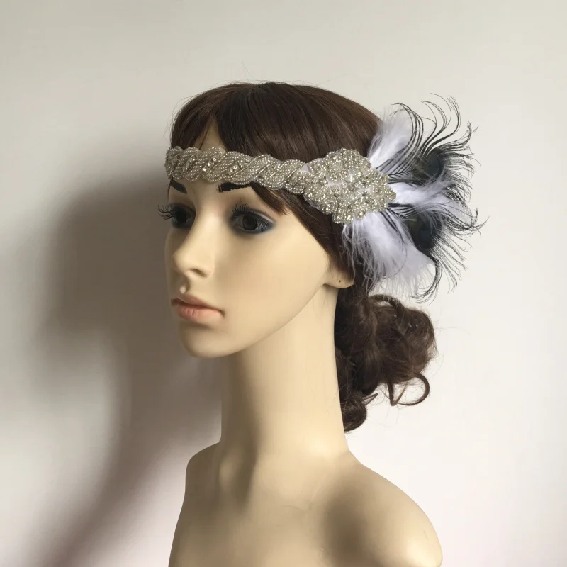Винтажные элегантные стразы, украшение из перьев, повязка на голову, повязка на голову, 1920s Great Gatsby, головной убор, аксессуары для головных уборов