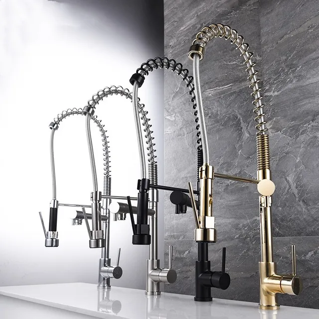 Best Price Chrome/Gold/Black/Brushed solid brass kitchen faucet Tall pull down kitchen mixer faucet Double spout High quality material