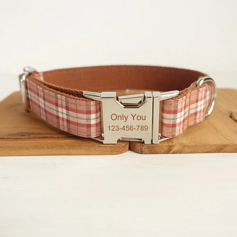 

Personalized Dog Collar Grid Engraved Name Phone Number Handmake Soft Dog Collars Plaid Christmas Dog Collar Running Tracking
