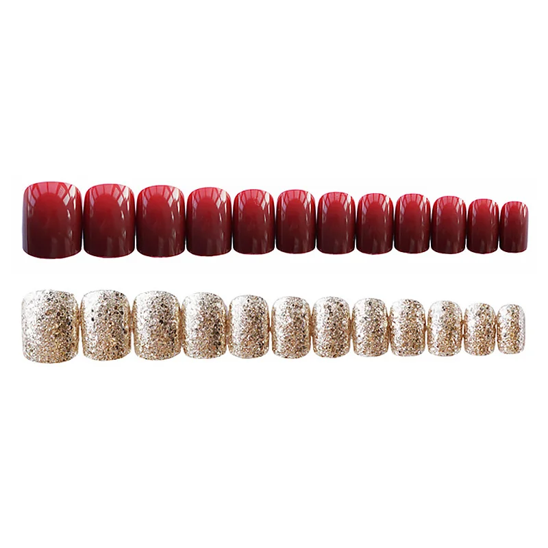 Gorgeous Women Nail Art tools 24pcs/set Red Gold Cady Glitter Color Fake Nails With Glue Short Full Nail Tips Hybrid Nail TY