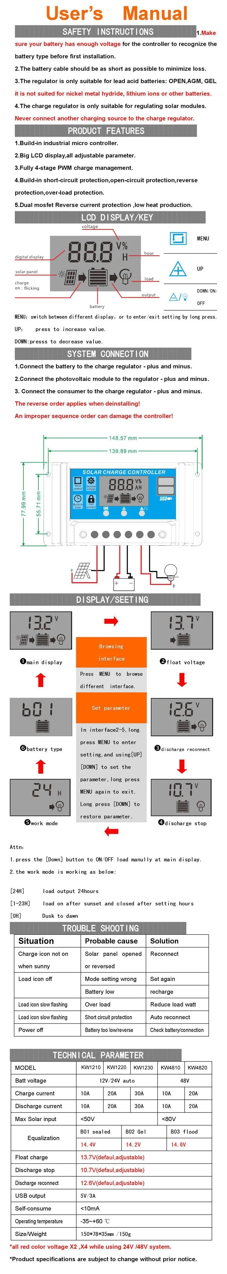 12V 24V 10A 20A 30A PWM солнечный контроллер заряда автоматическая работа с ЖК-дисплеем Dual USB 5V Выход Солнечная Панель зарядное устройство регулятор PV